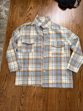 SHEIN Blue, Cream & Brown Plaid Button-Up Shacket